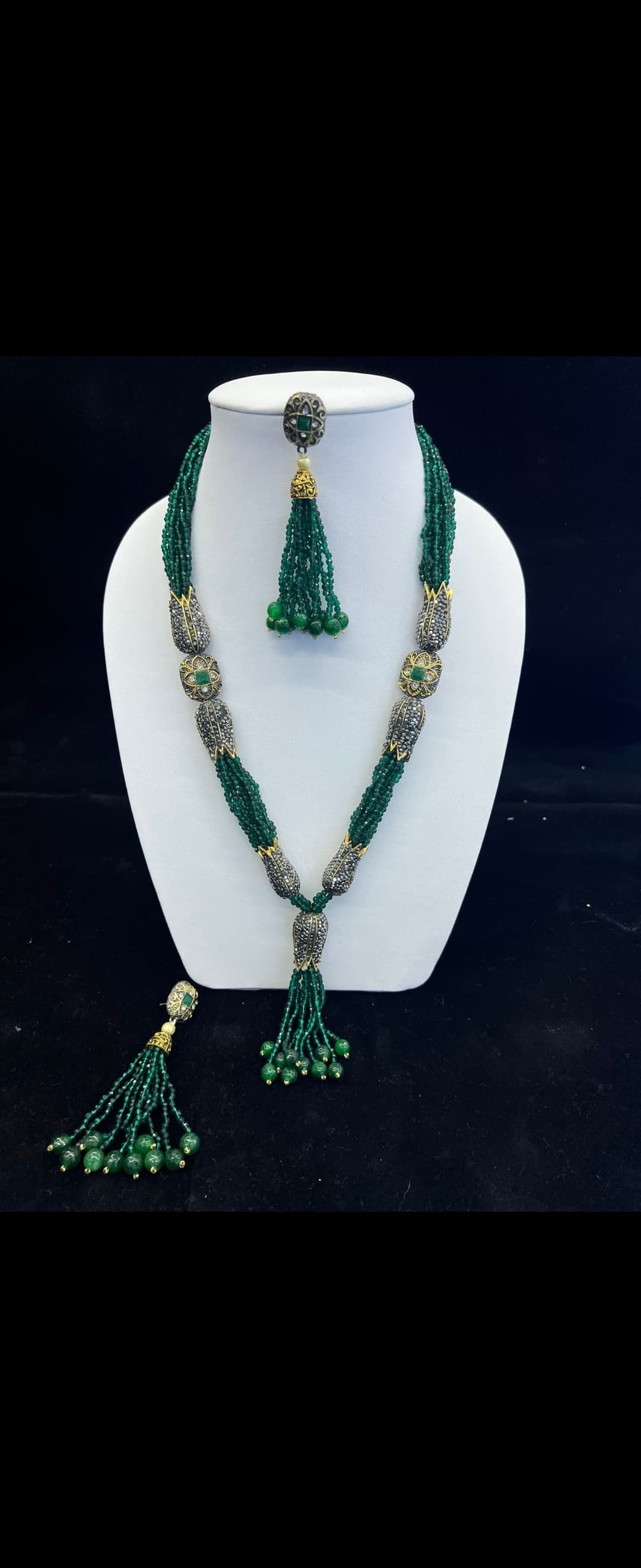 Long Chain with green Seed Beads CZ Balls on the sides and bottom