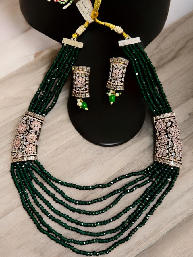 Onyx Green Beads Long Chain with Side Brouches