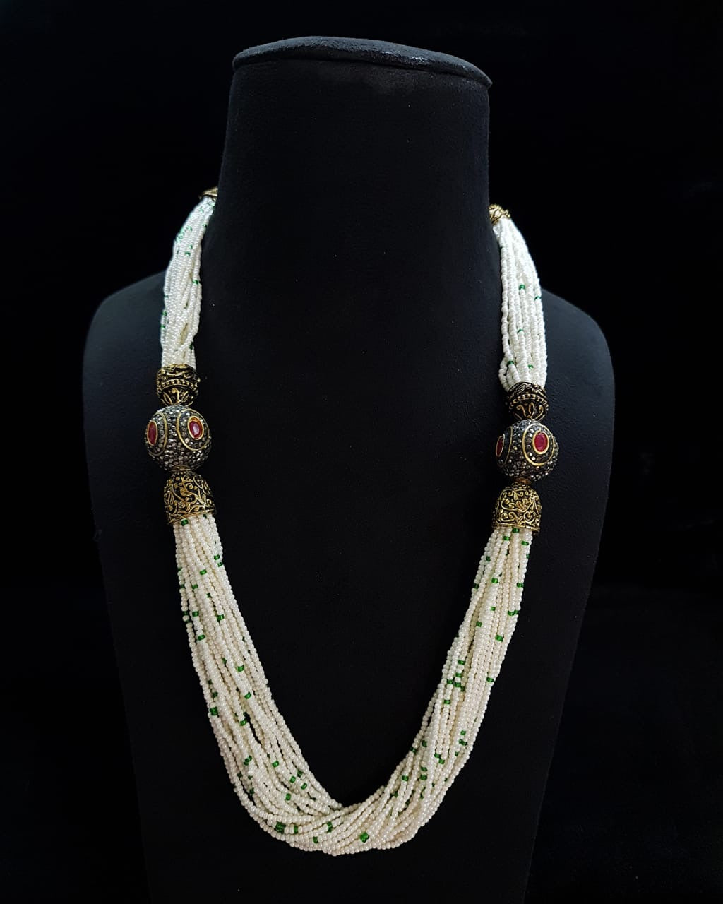 Long Chain with white and green Seed Beads CZ Balls on the sides