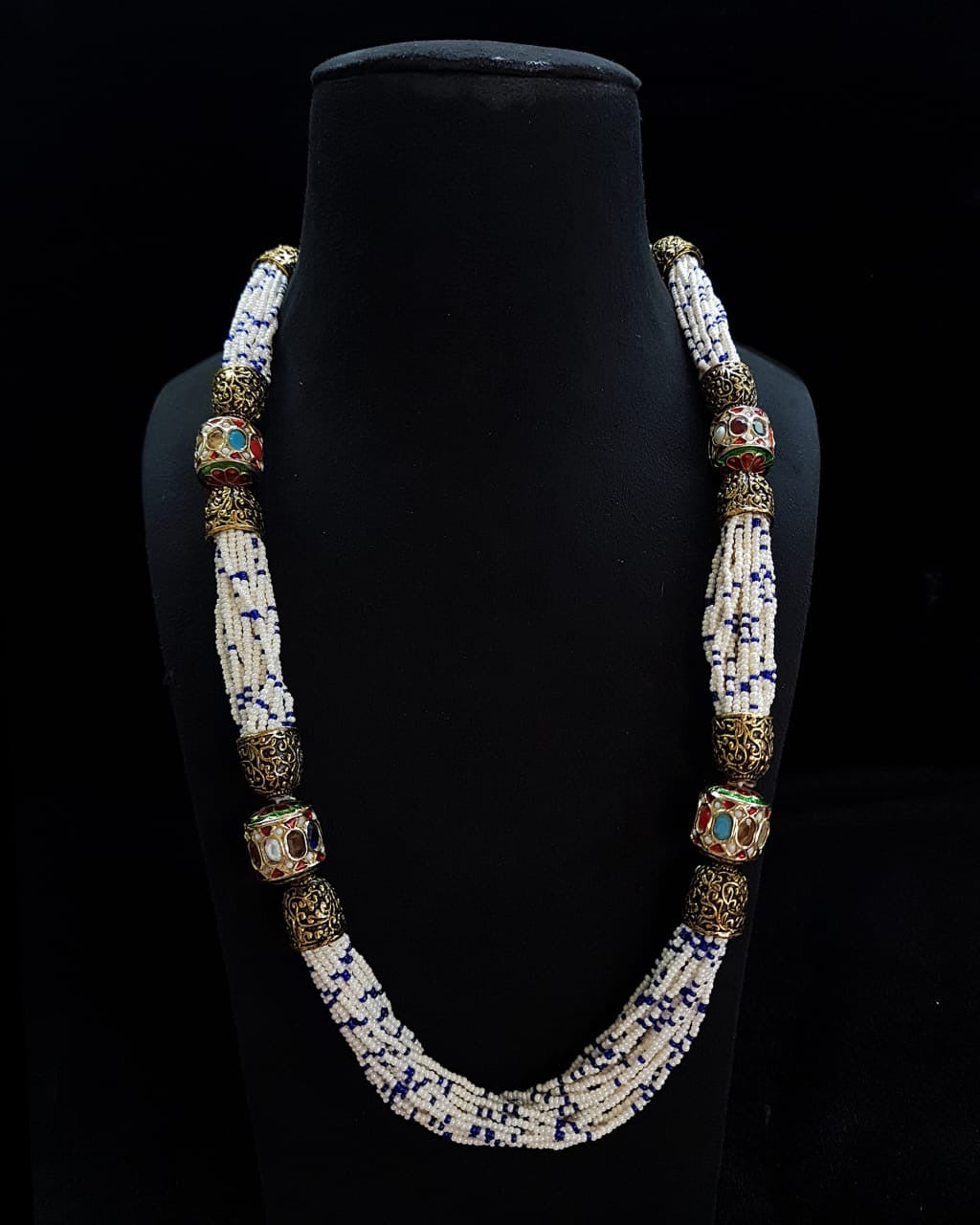 Long Chain with white and blue Seed Beads CZ Balls on the sides