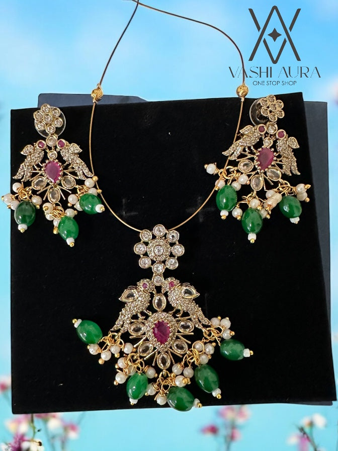 Invisible Chain with Removable Ruby and Emerald Peacock Pendant