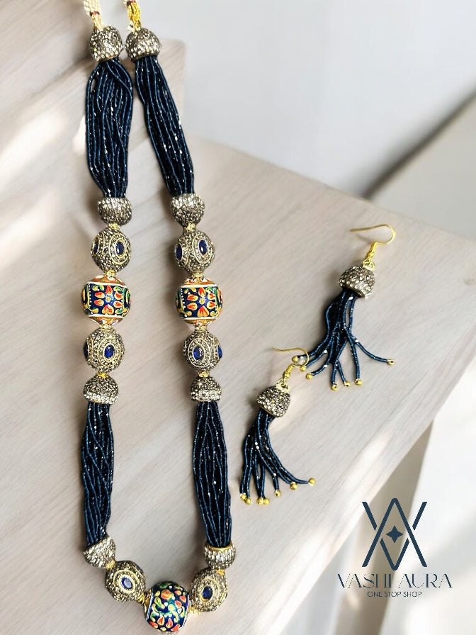 Long Chain with Blue Seed Beads and Hydra Beads and CZ Balls on the sides and downside
