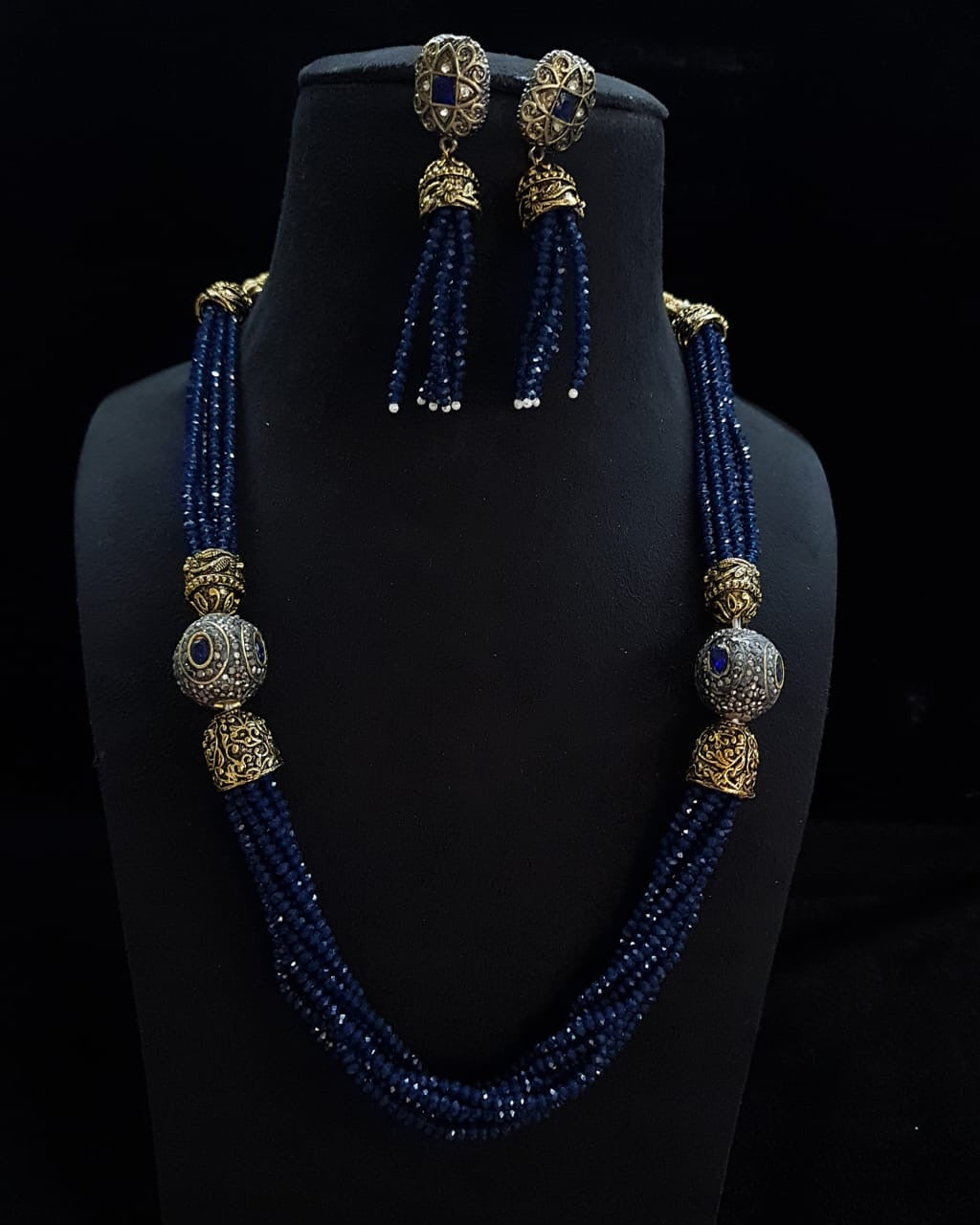 Long Chain with Blue Seed Beads and CZ Balls on the sides