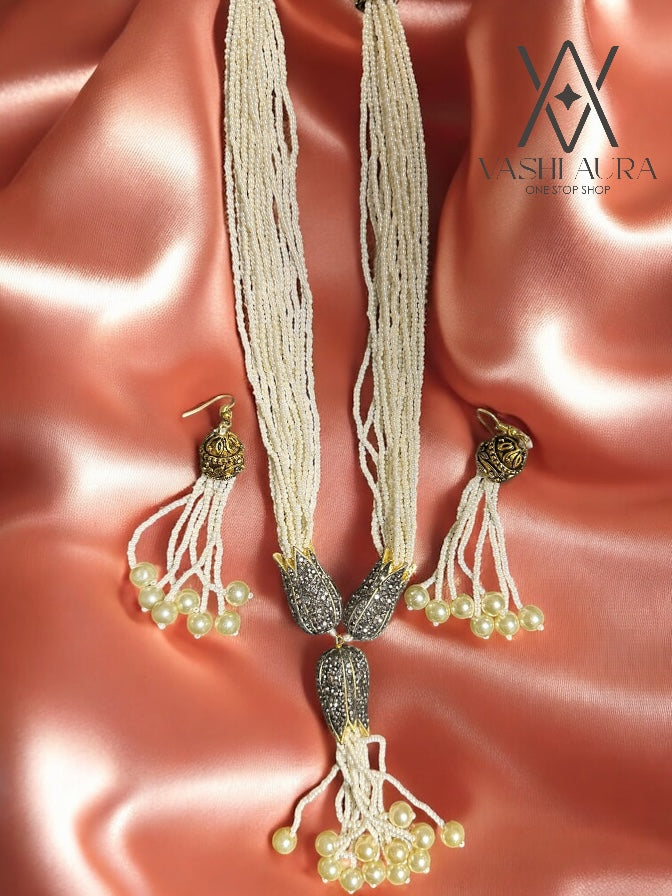 Long Chain with White Seed Pearl Beads and lotus shaped Hydra Beads on the Pendant