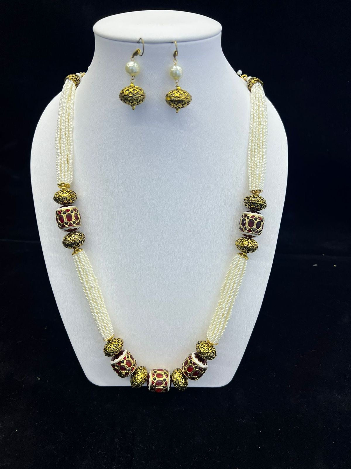 Long Chain with white Seed Beads CZ Balls and Ruby on the sides and bottom
