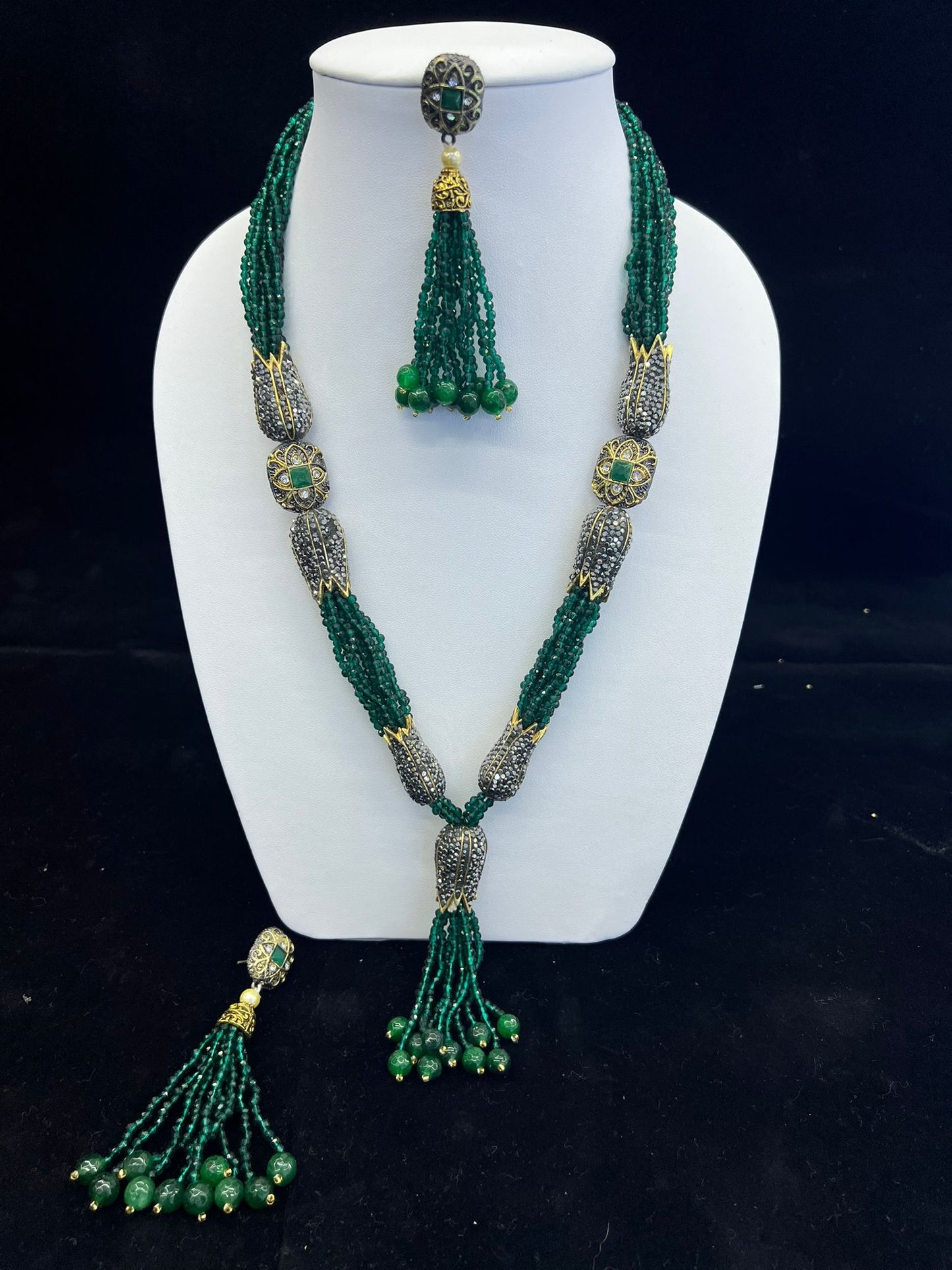 Long Chain with green Seed Beads CZ Balls on the sides and bottom