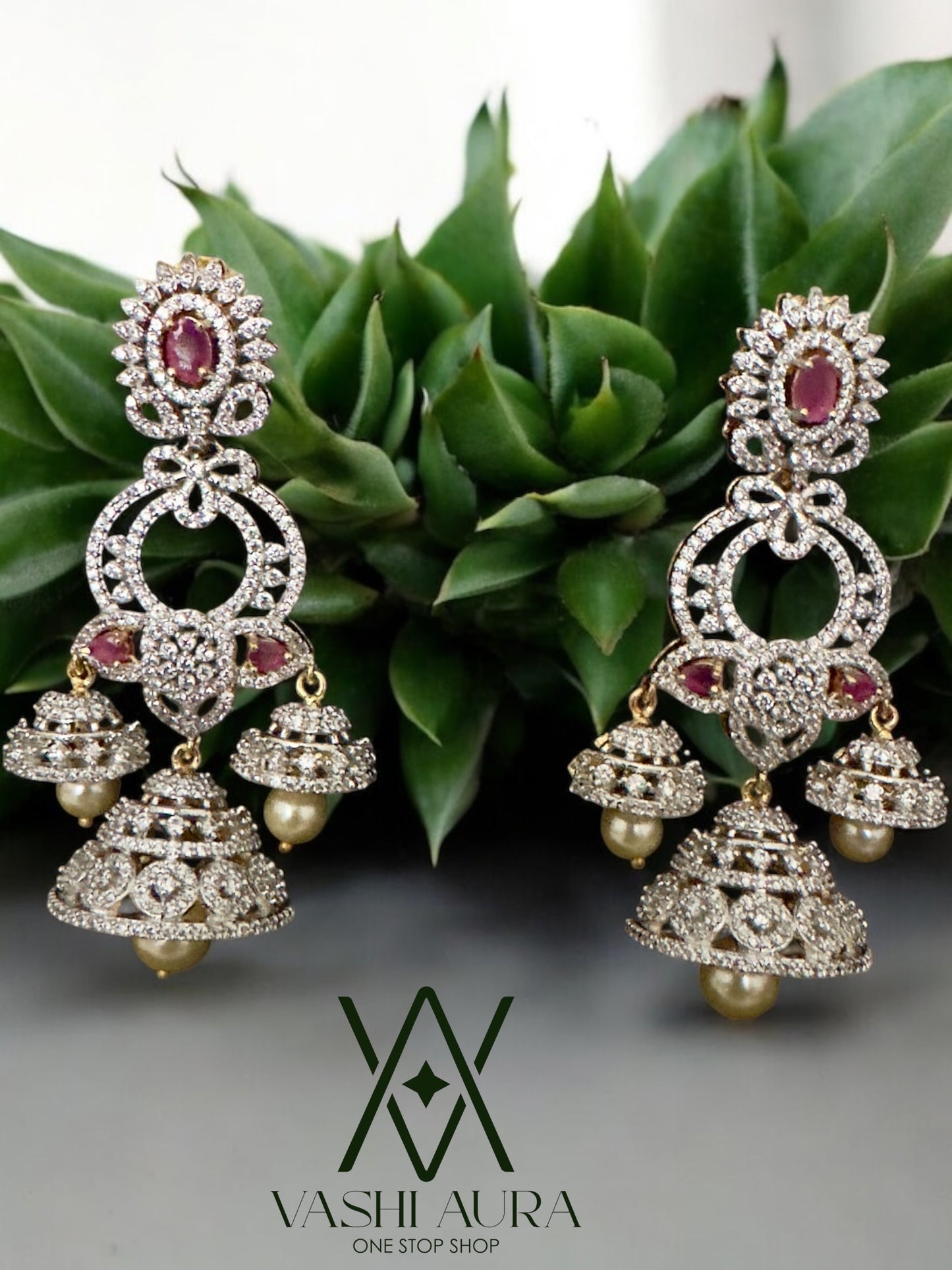 CZ Long Jhumkas with Pink Stone Stud and Trihanging Jhumkas