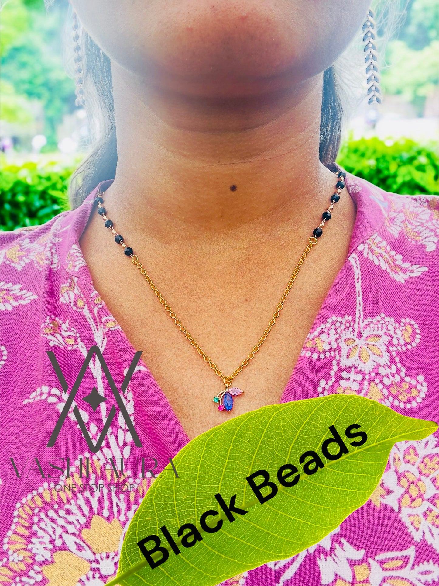 Black Bead chain with Multi-Colored Leaves Pendant