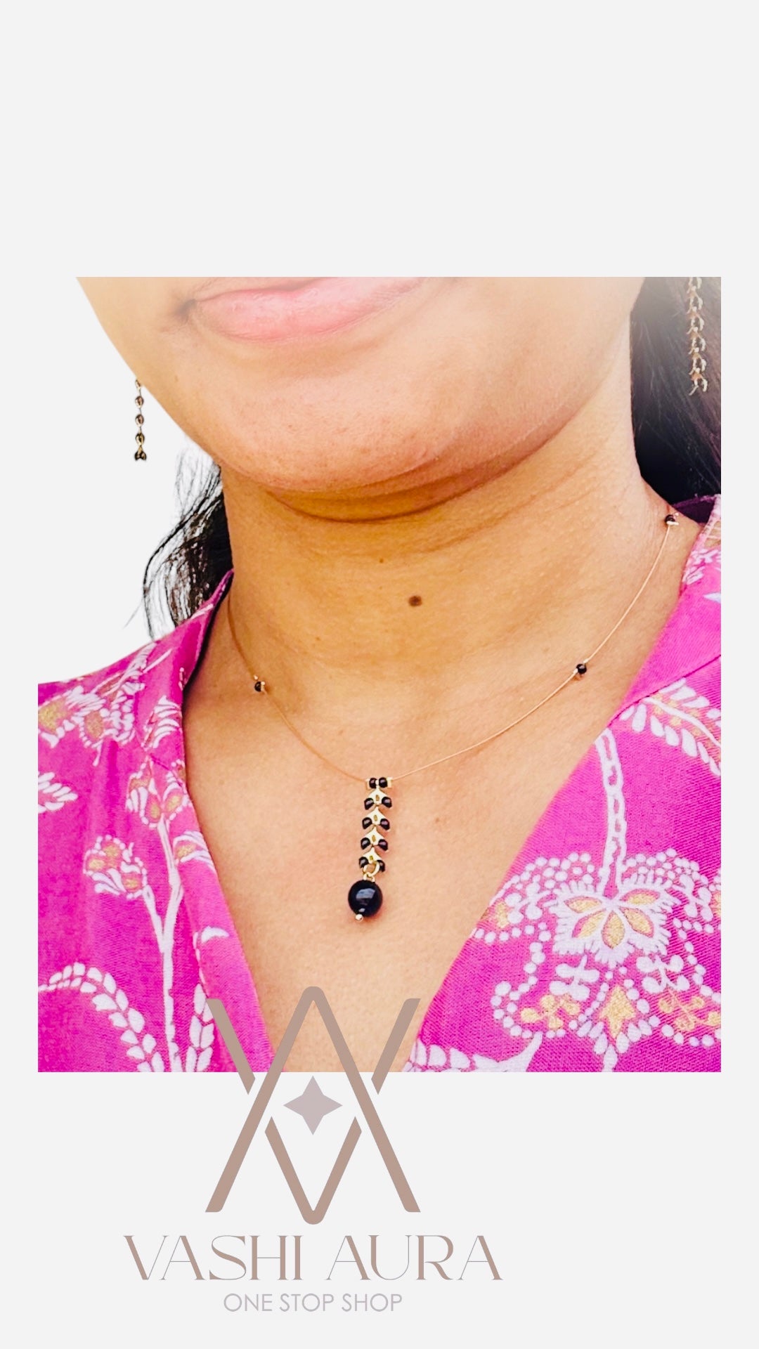Invisible Chain with Black Beads and Black chain dangler with a pair of earrings