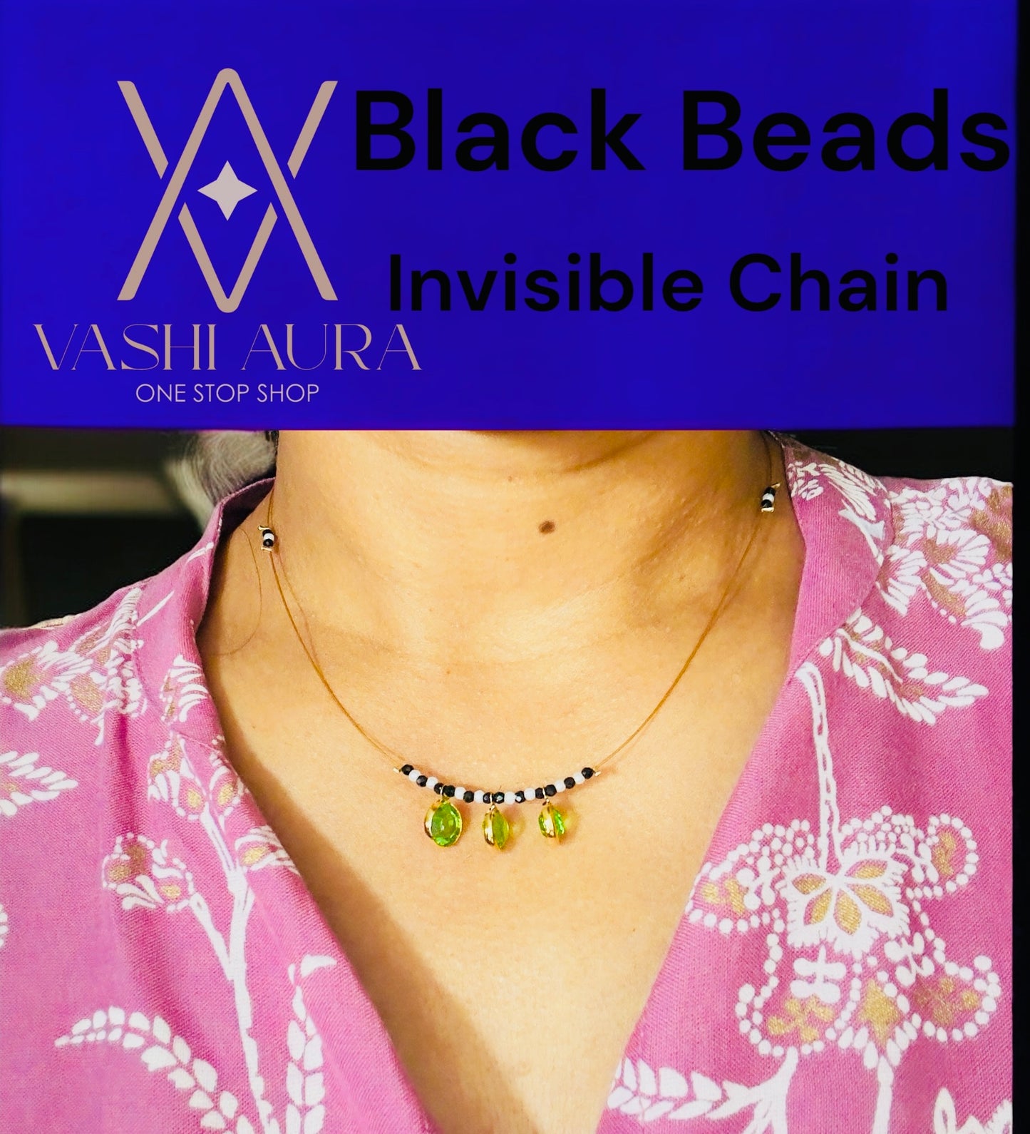 Invisible Chain with Black Beads with 3 green stone drops.