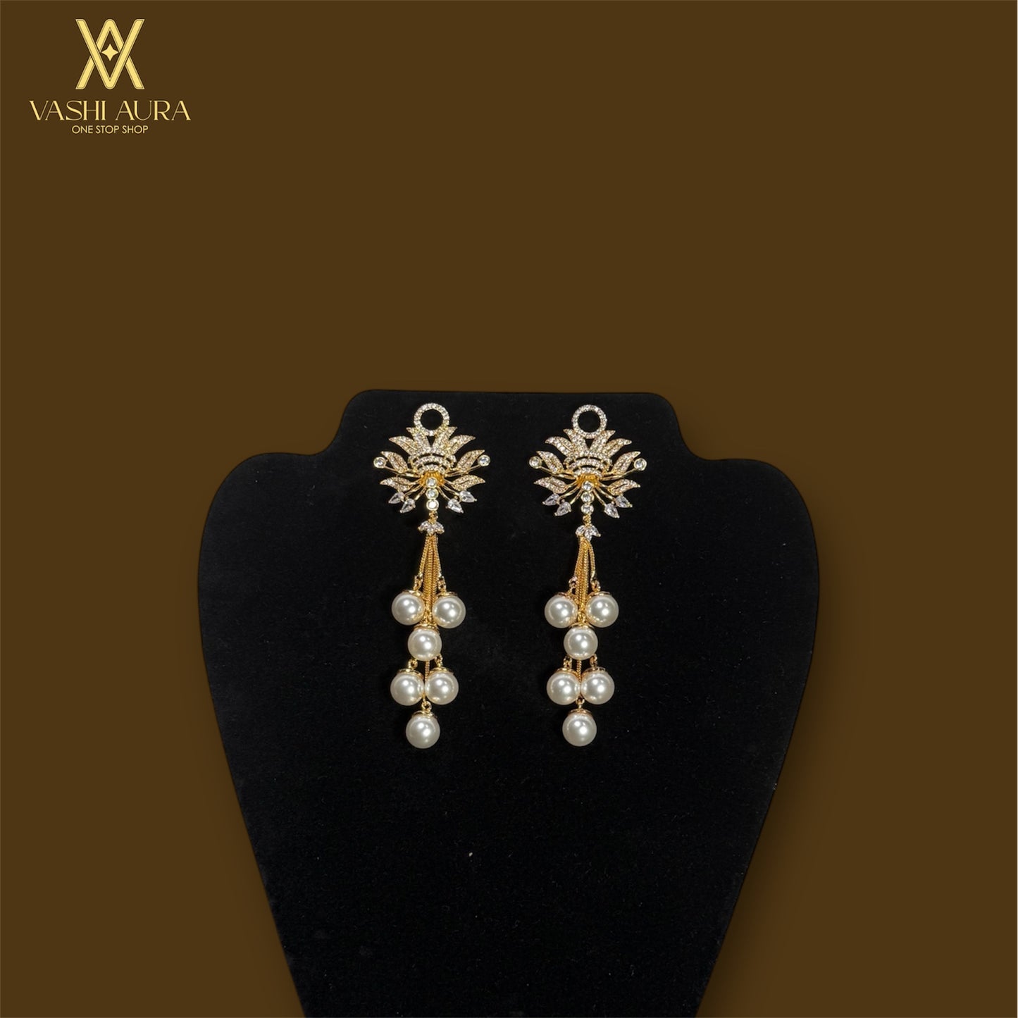 Cascading White Pearl Drops With Broad Stud Filled With Small White CZs