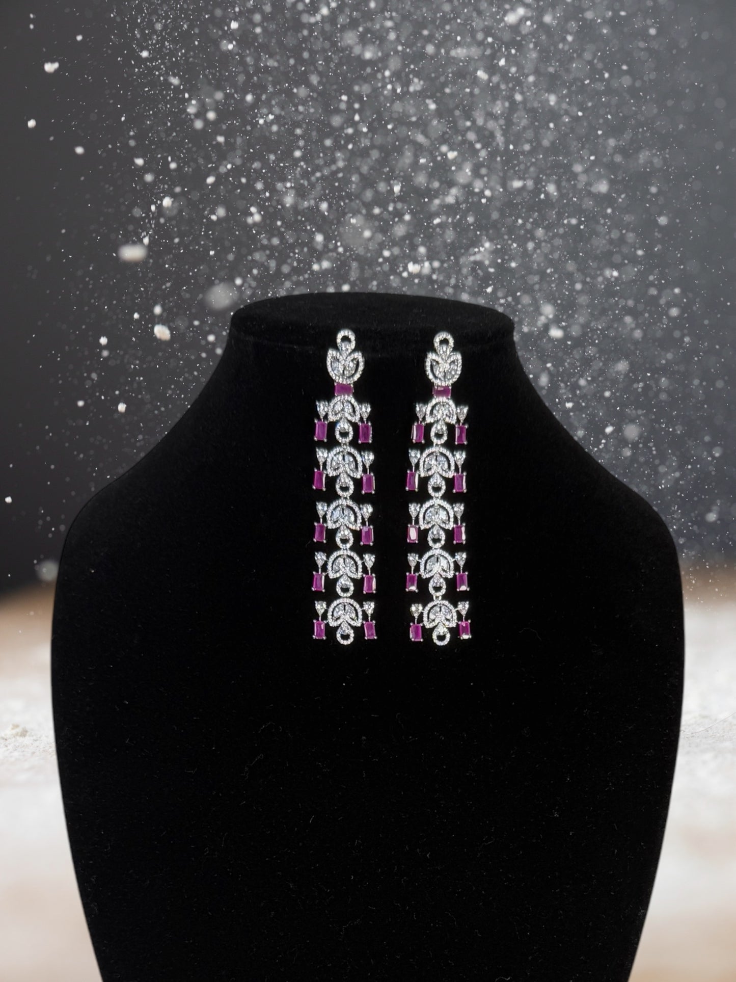 Wedding style long earrings with Pink and White CZs