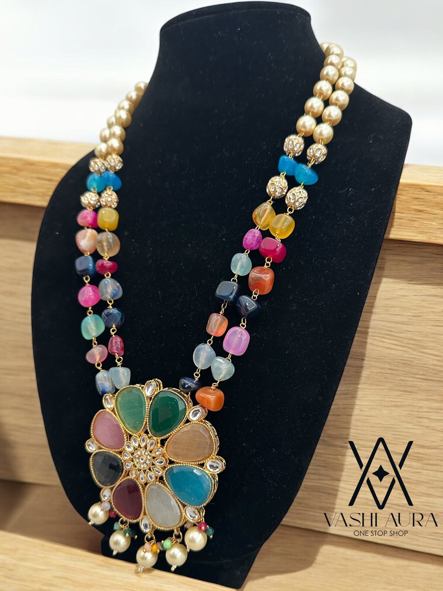 Multistone Onyx and Kundan Floral Theme Long Necklace