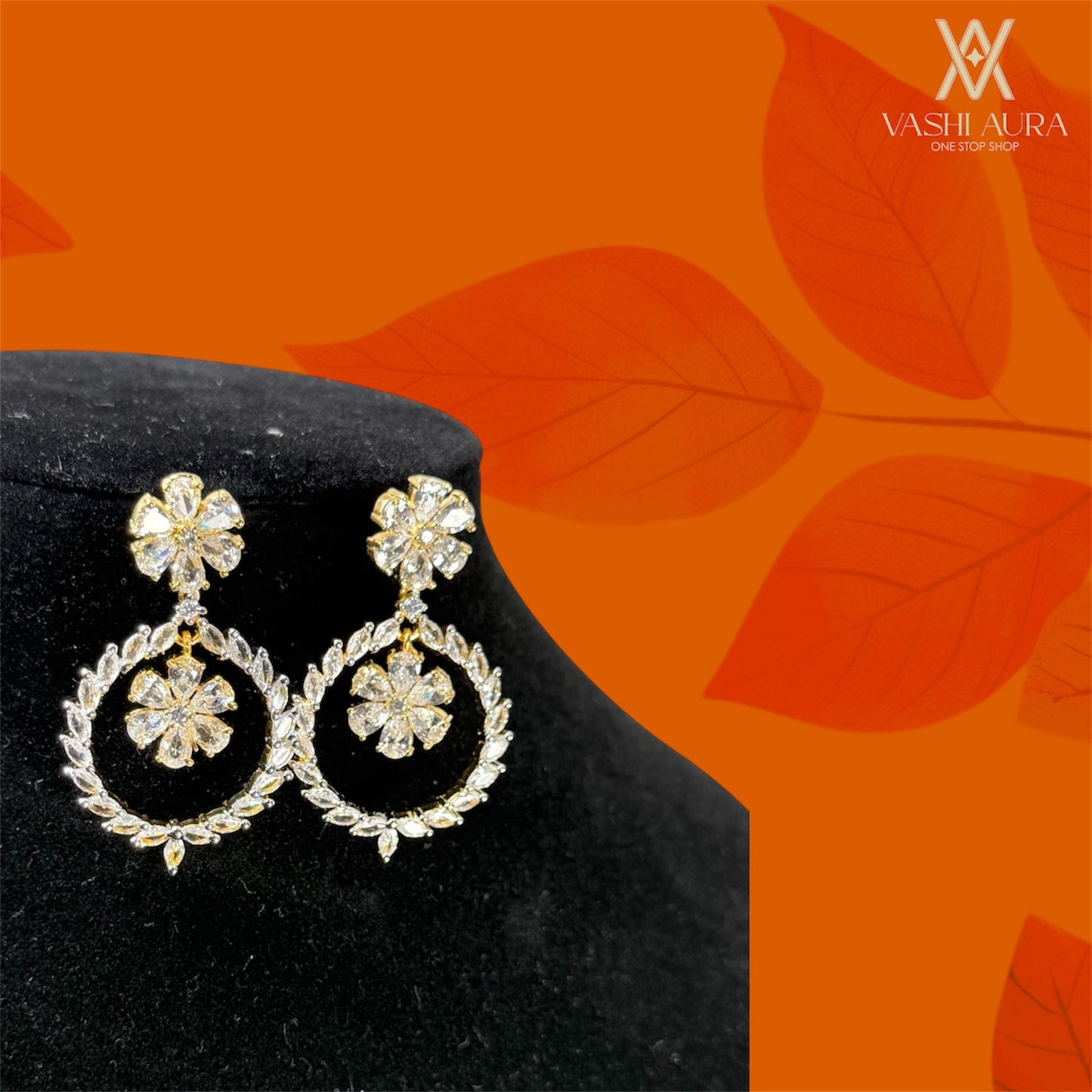 CZ Hoop Earrings with Flower Shaped Stud covered with CZ Petals