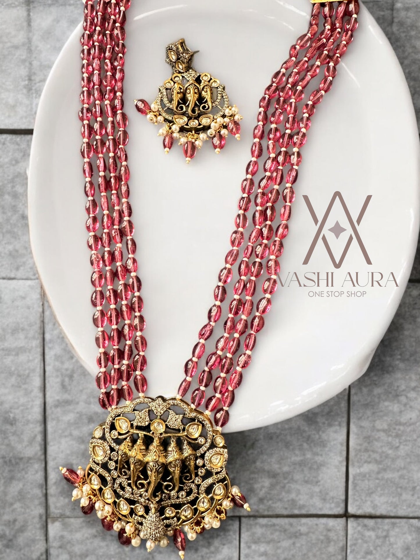 Ganesh Motive Pendant with Oval Czech Glass Beads
