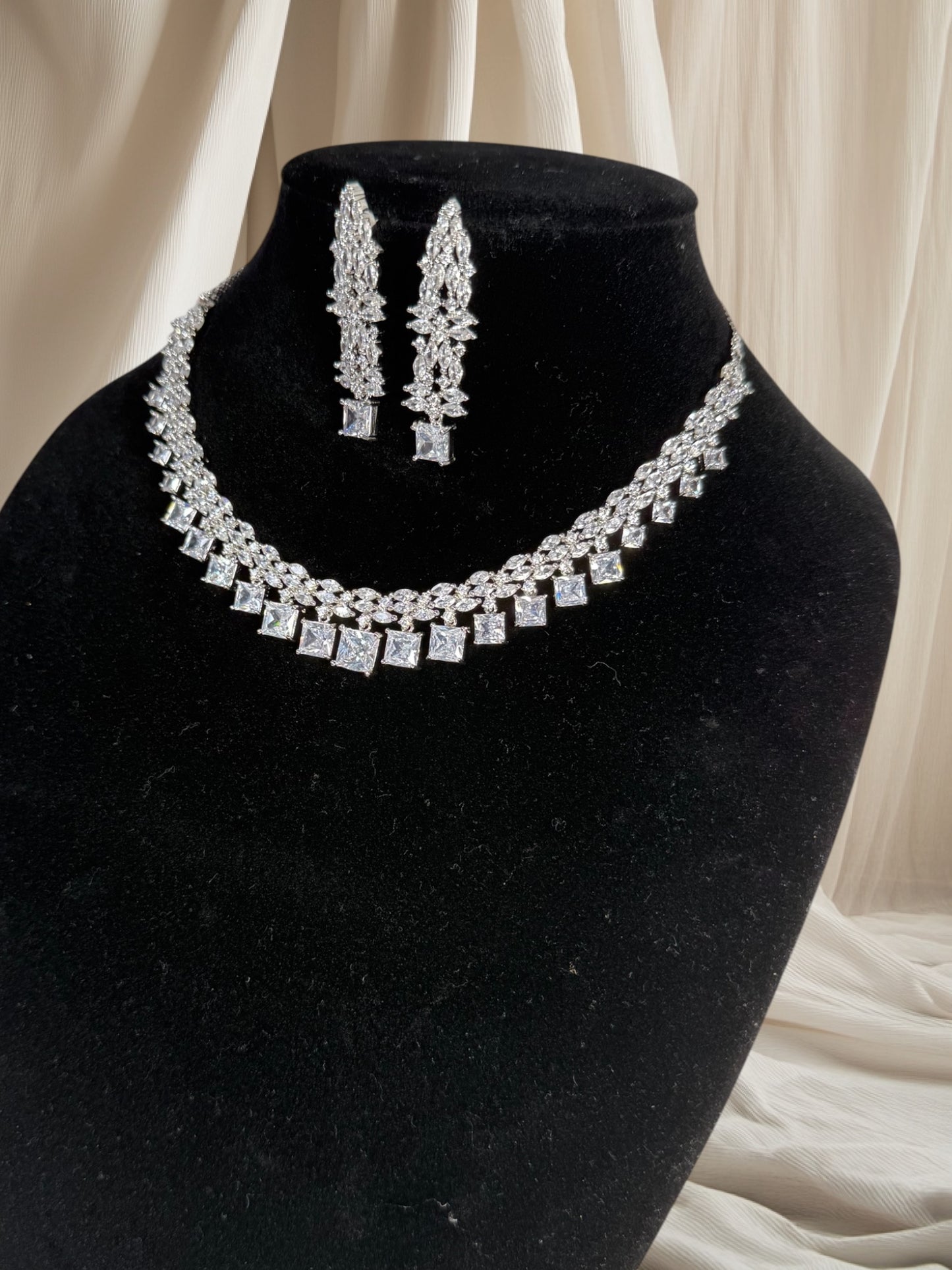 Elegant neckset with square shaped white CZ's