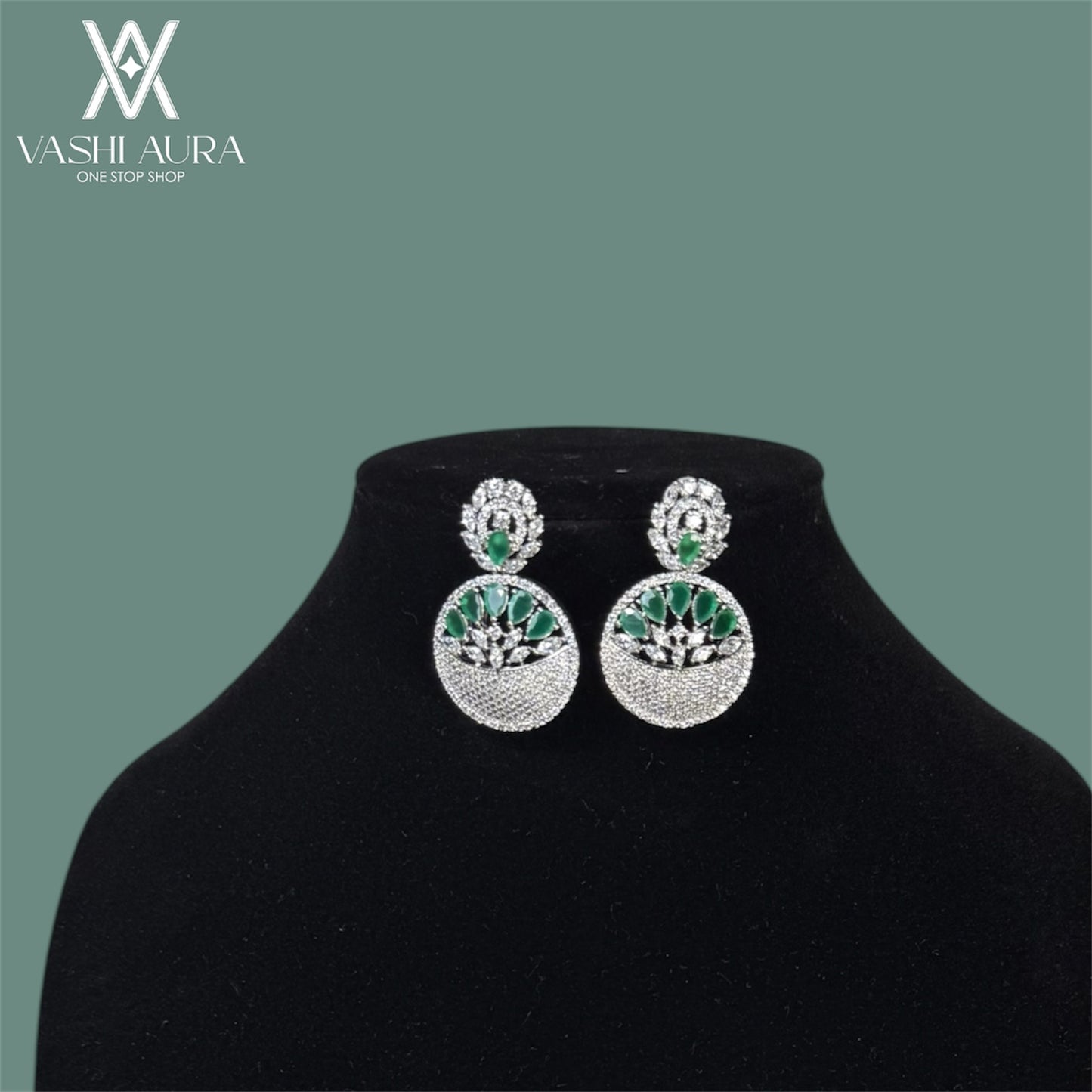 Modern Chandbali Earrings with Green and White CZs