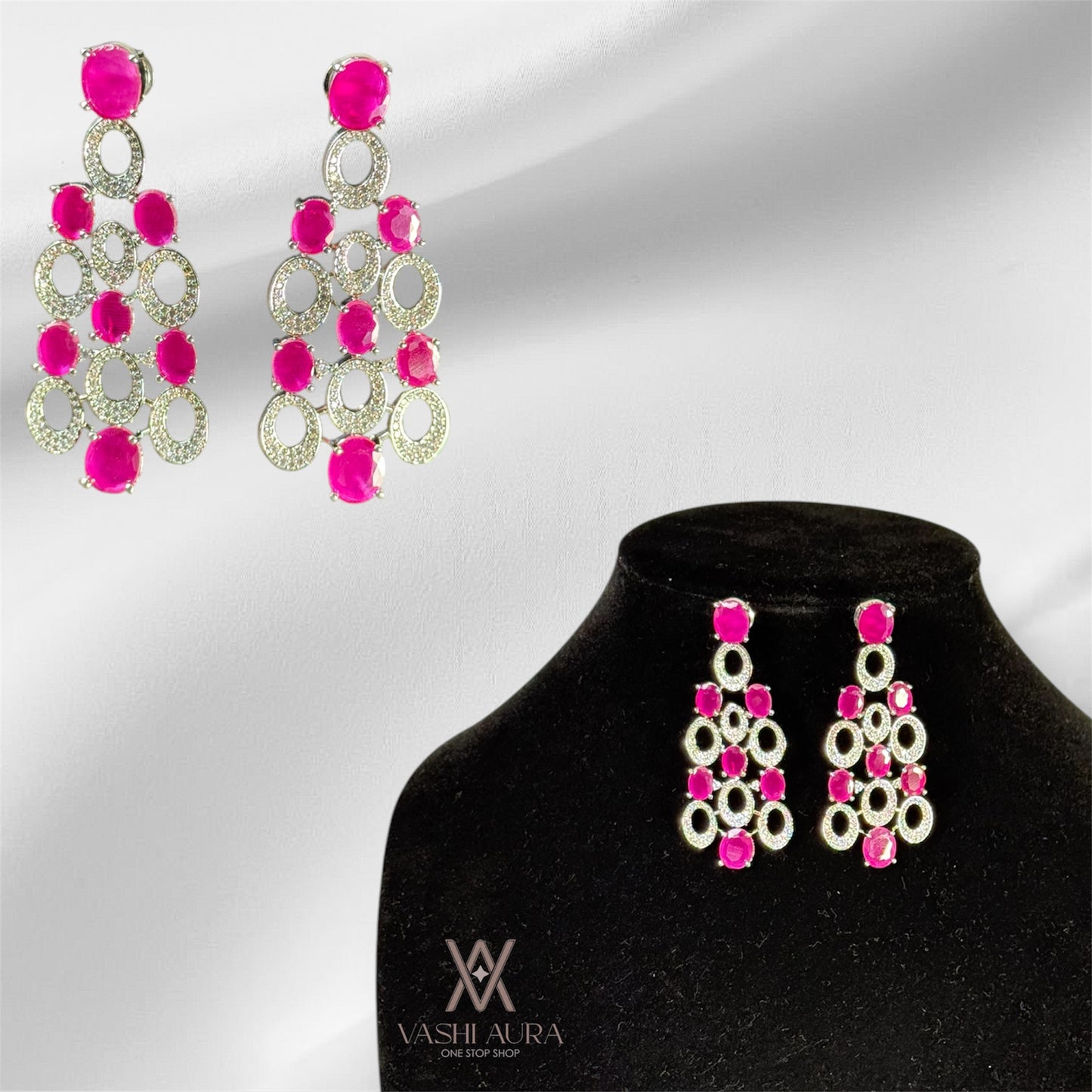 Long Earrings With Alternate Ovals Filled With Oval Pink CZs