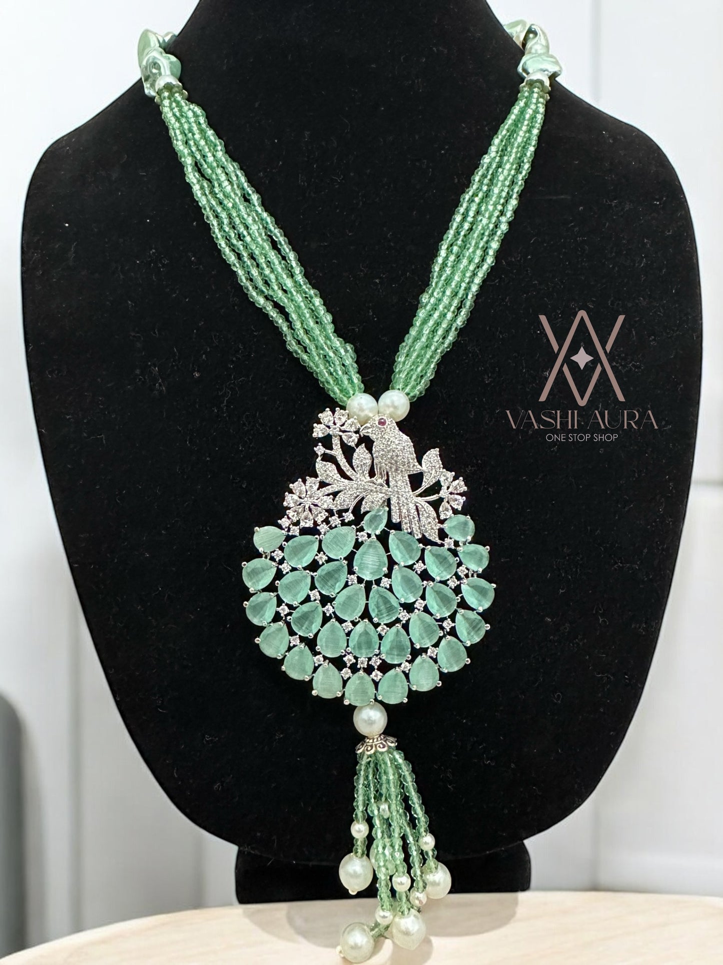 Long Chain made with Green Baroque Pearls and Emerald GemStone