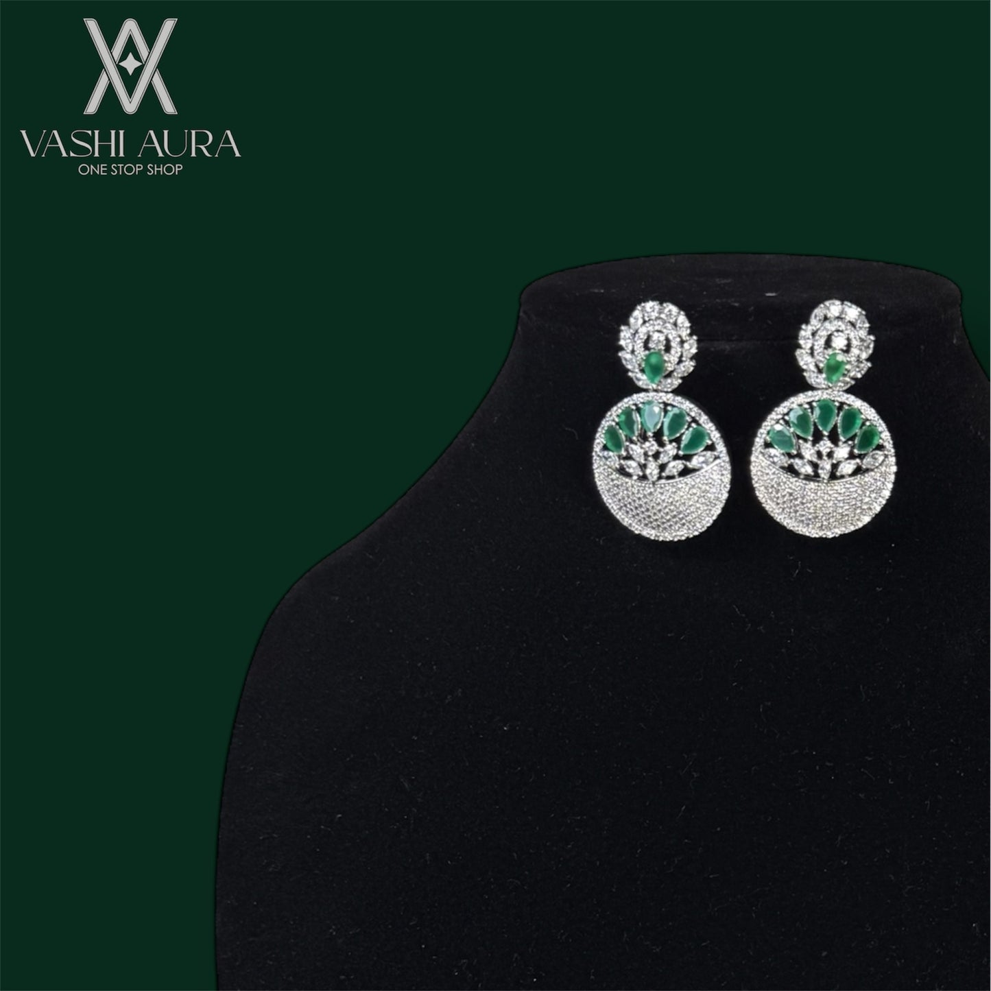 Modern Chandbali Earrings with Green and White CZs