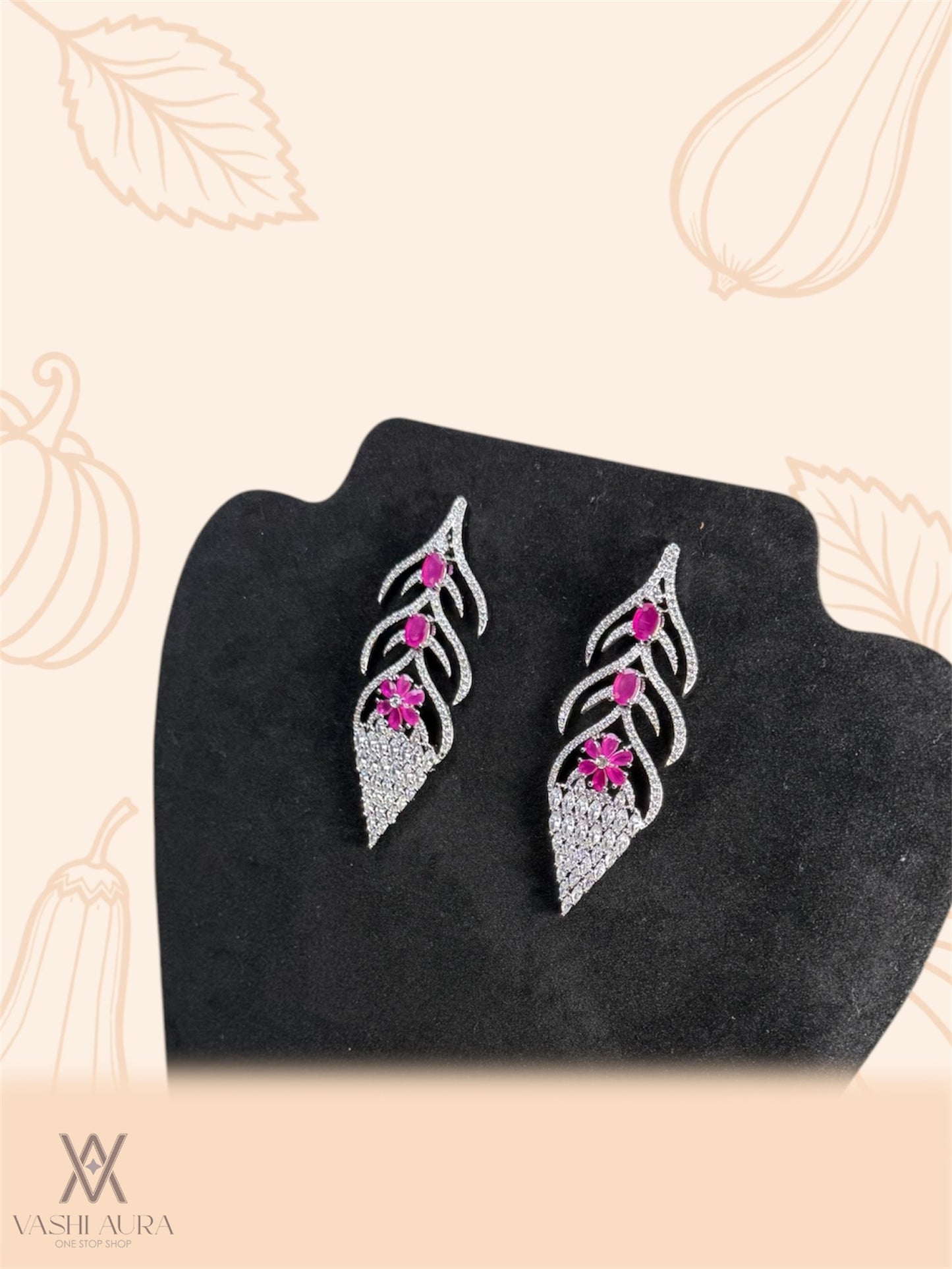 Leaf-Shaped Earrings with Pink and White Different Sized CZs