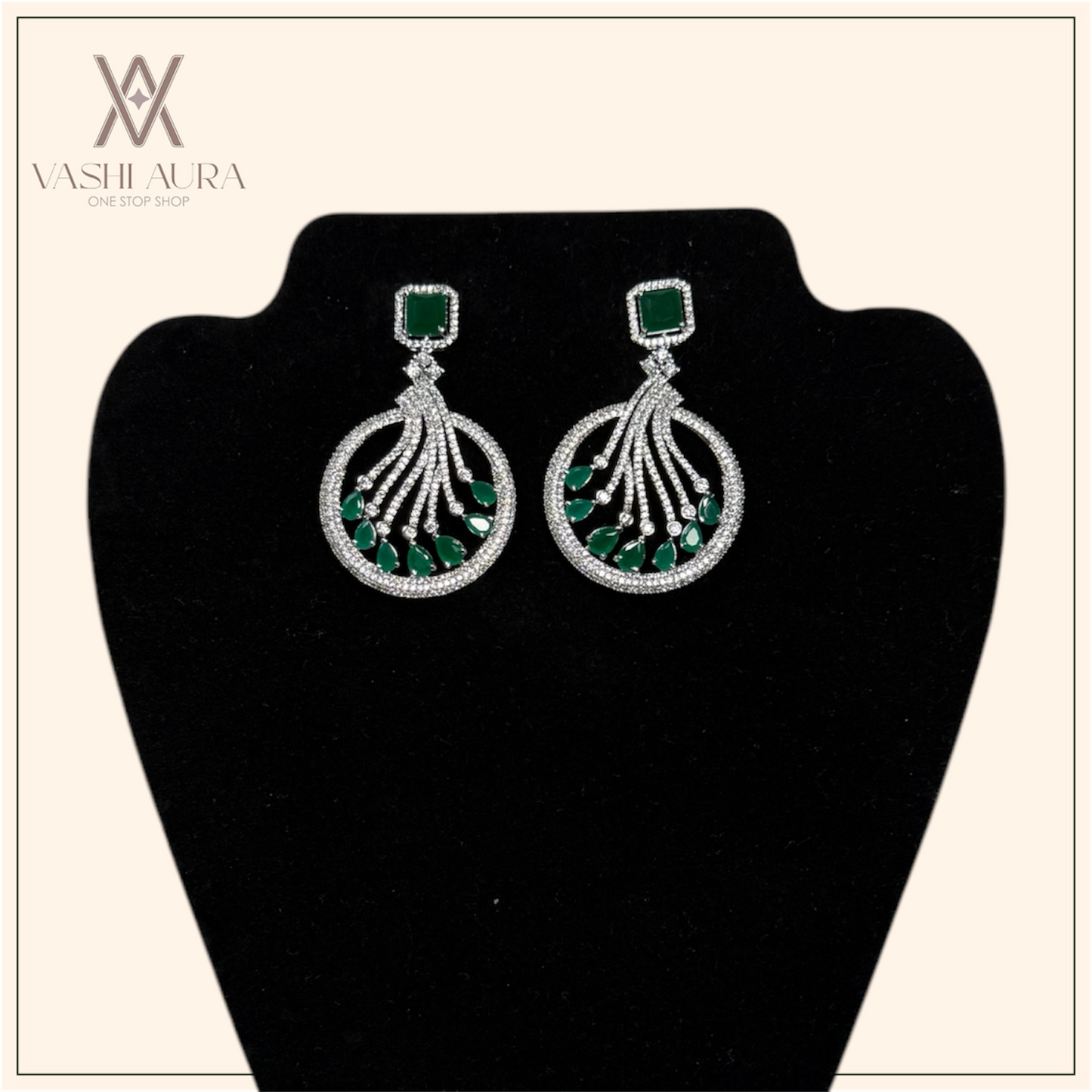 Circle Earrings With Green And White CZS