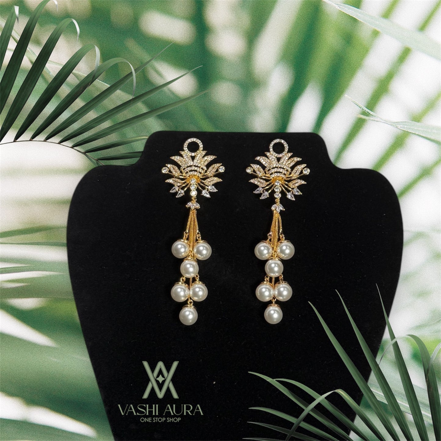 Cascading White Pearl Drops With Broad Stud Filled With Small White CZs