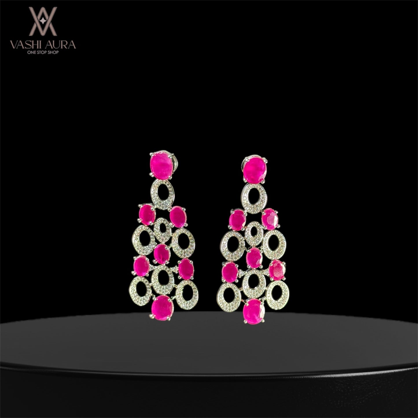 Long Earrings With Alternate Ovals Filled With Oval Pink CZs