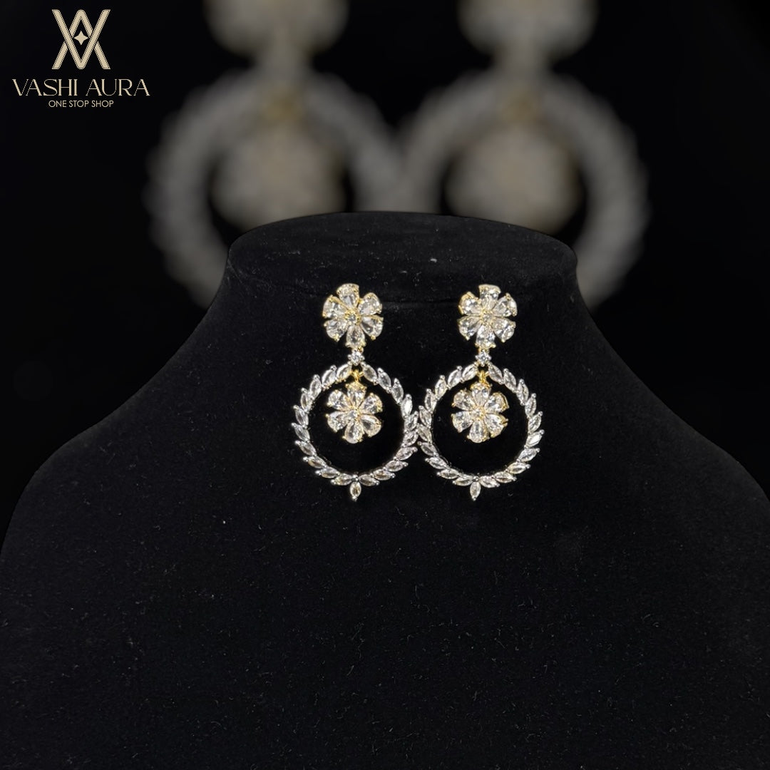 CZ Hoop Earrings with Flower Shaped Stud covered with CZ Petals