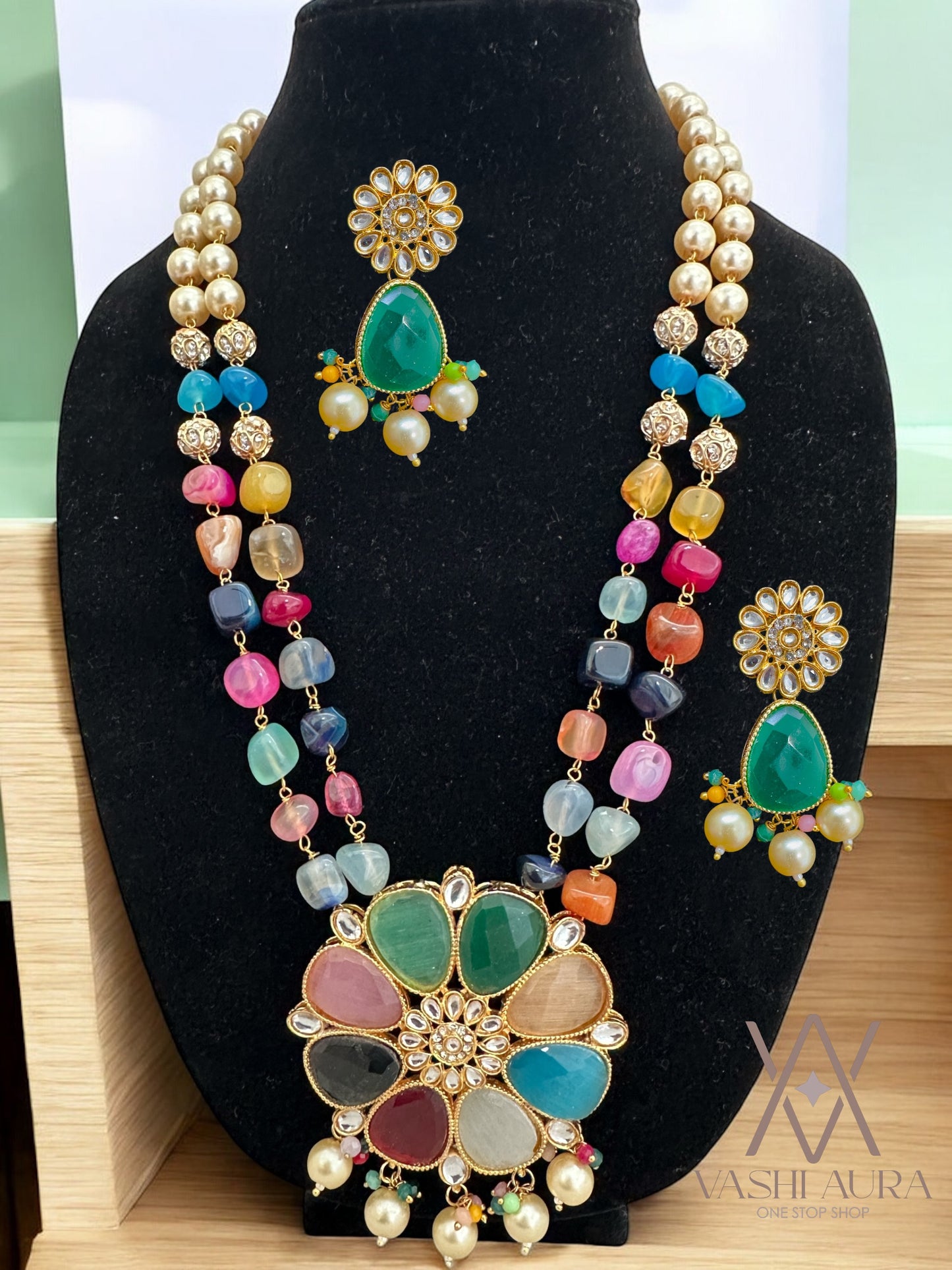 Multistone Onyx and Kundan Floral Theme Long Necklace