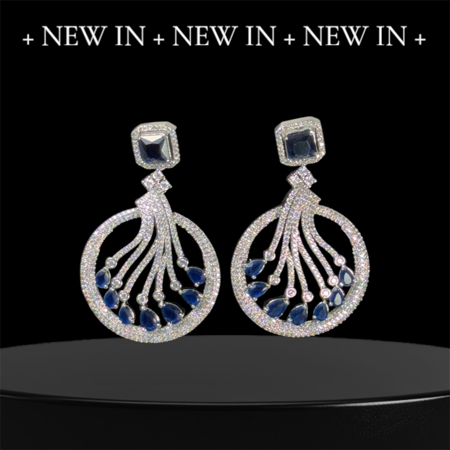 Royal Blue Square CZ on Stud and Round CZ with Blue Drops on Bottom