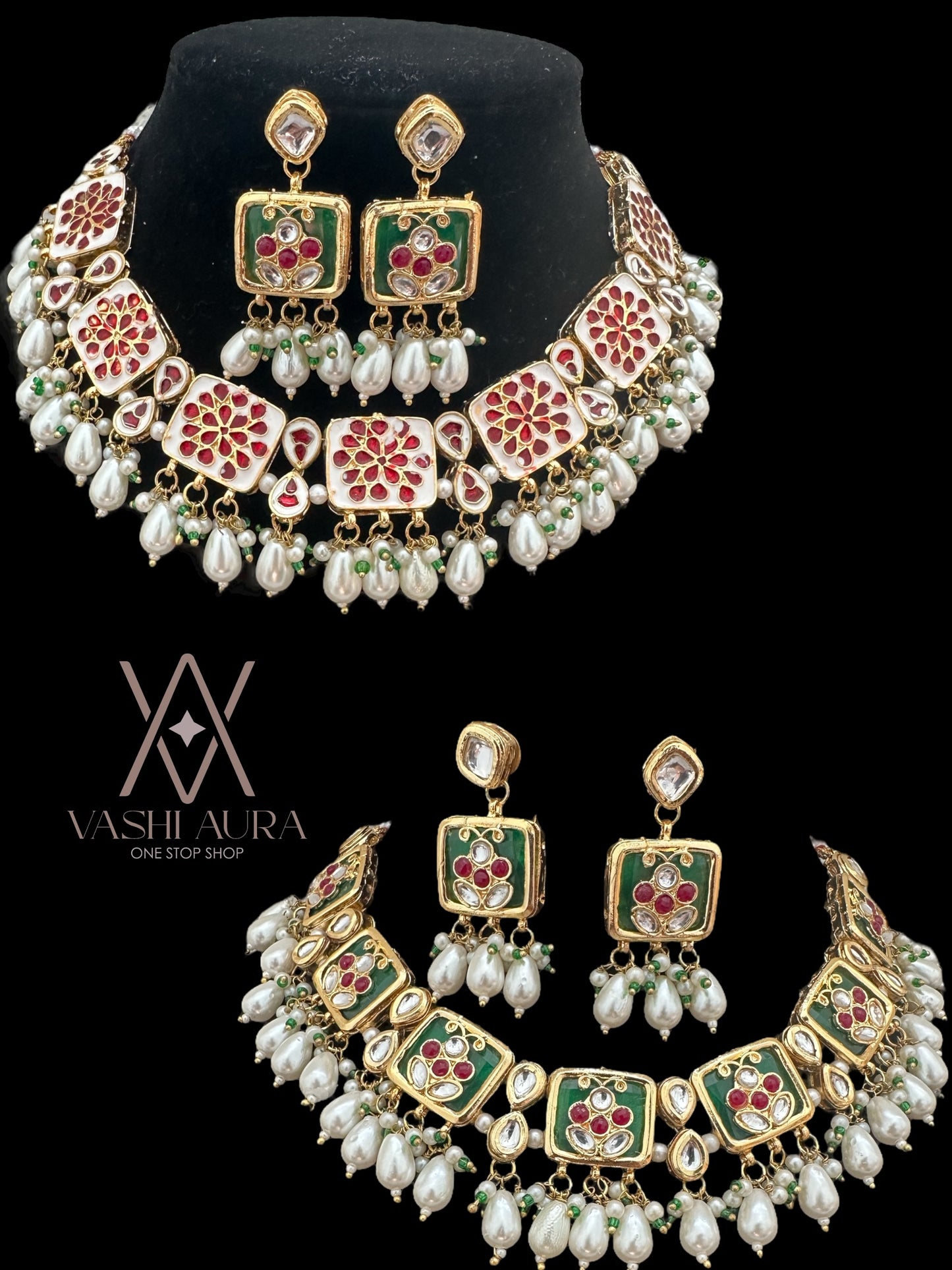 Stylish Bridal Kundan Minakari Reversible Necklace Set with Red and Green Colors