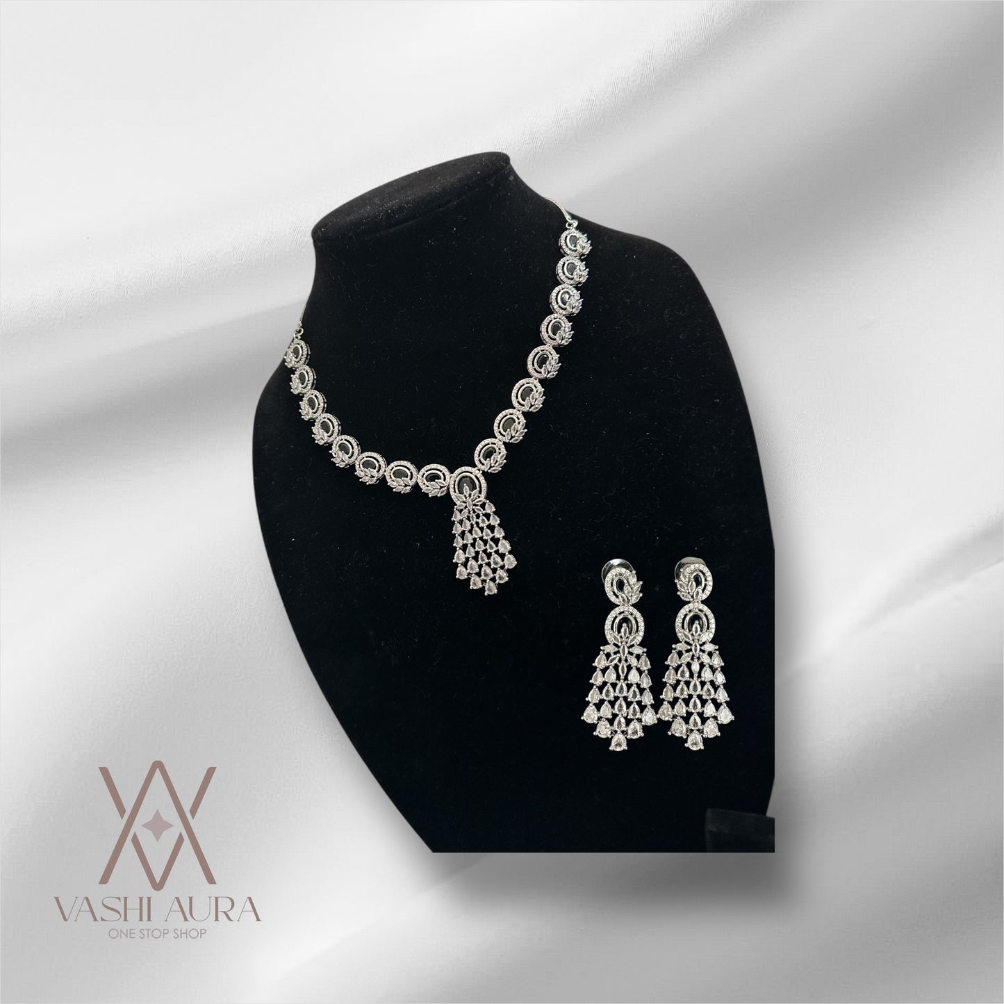 CZ Neckset with CZ Drops and Centered Black Stone