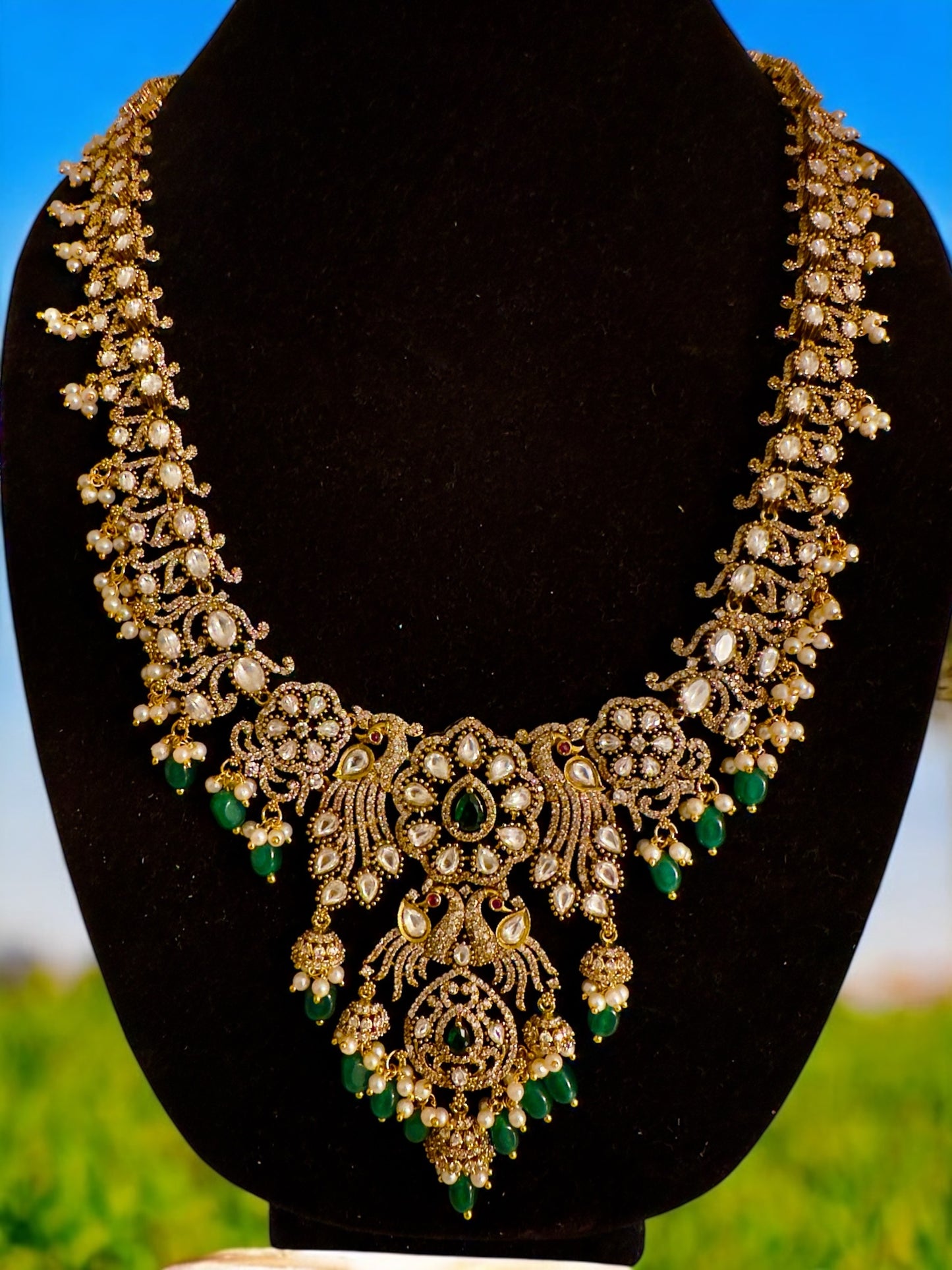 Victorian Long Haram with Peacocks Half Jhumkas and green beads