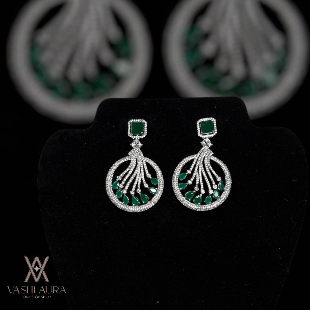 Circle Earrings With Green And White CZS