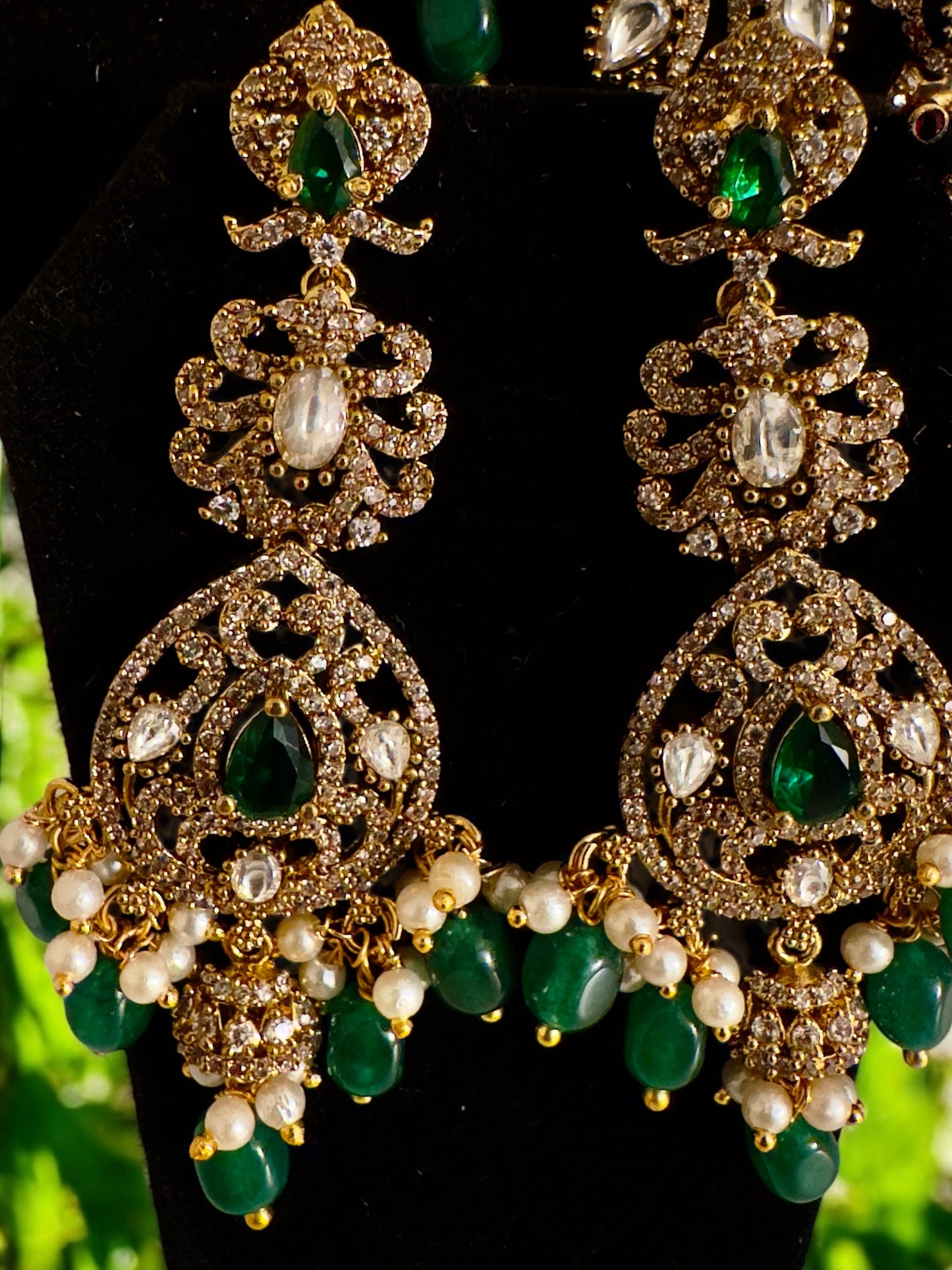 Victorian Long Haram with Peacocks Half Jhumkas and green beads