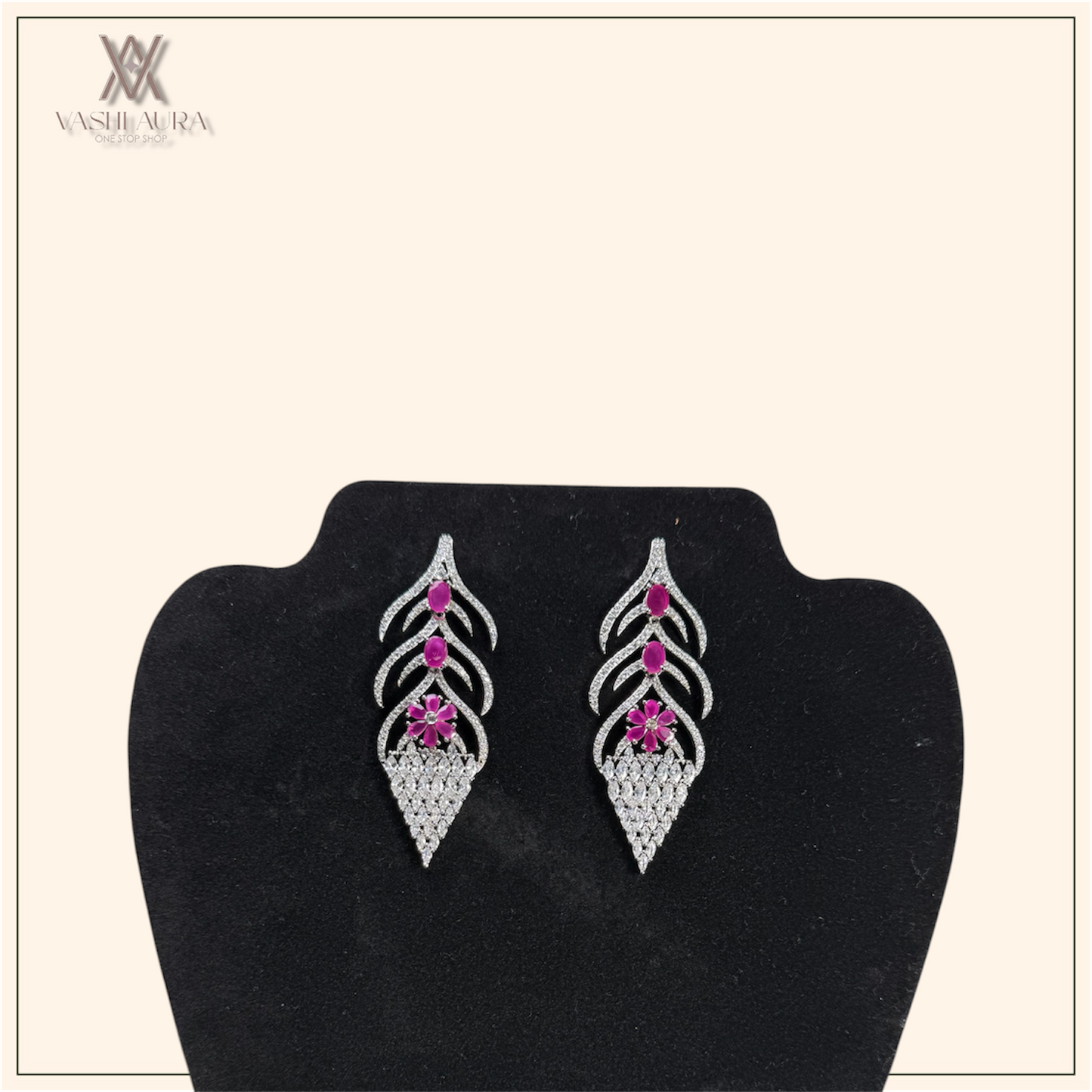 Leaf-Shaped Earrings with Pink and White Different Sized CZs