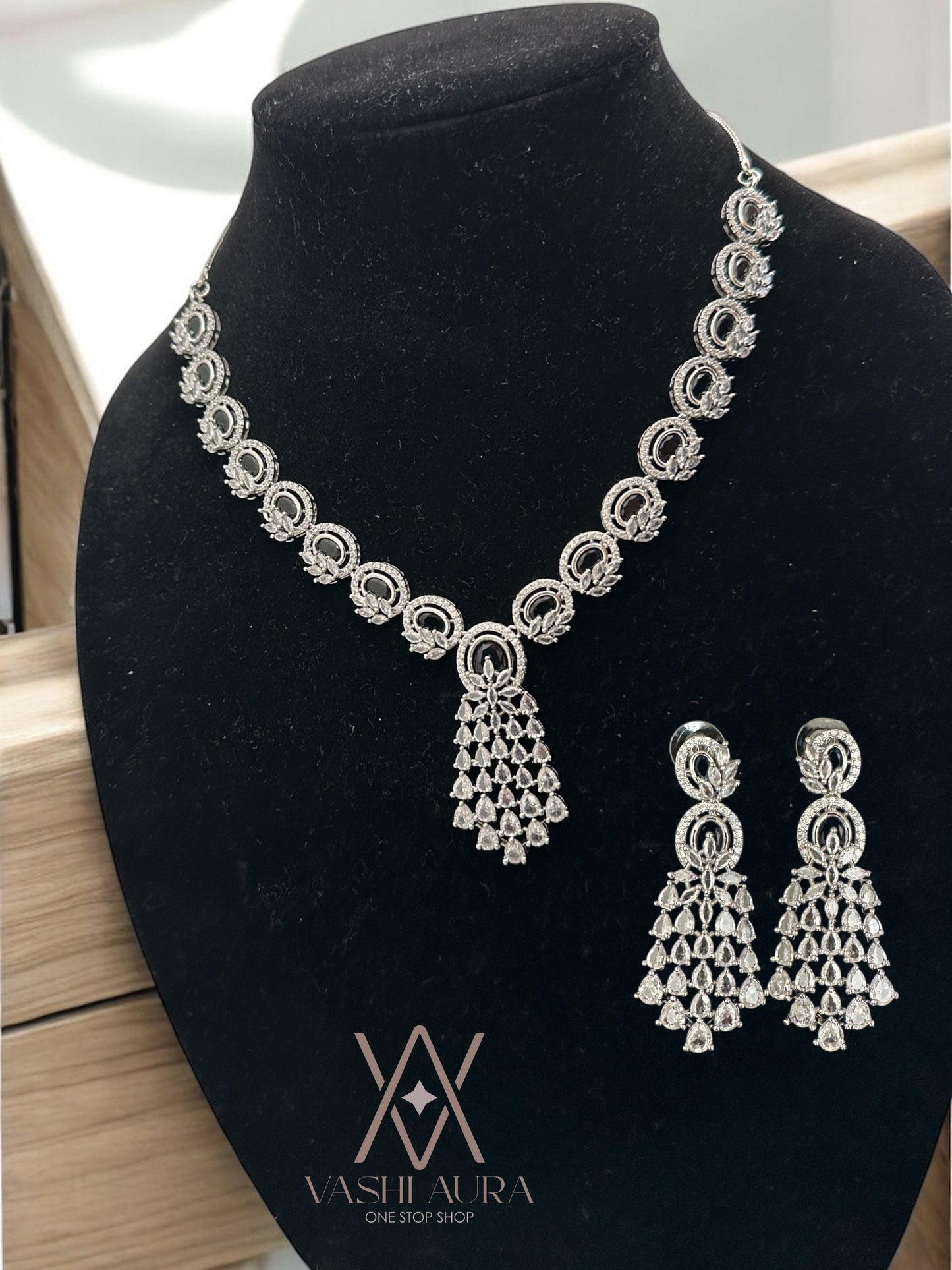 CZ Neckset with CZ Drops Centered with Blue Stone