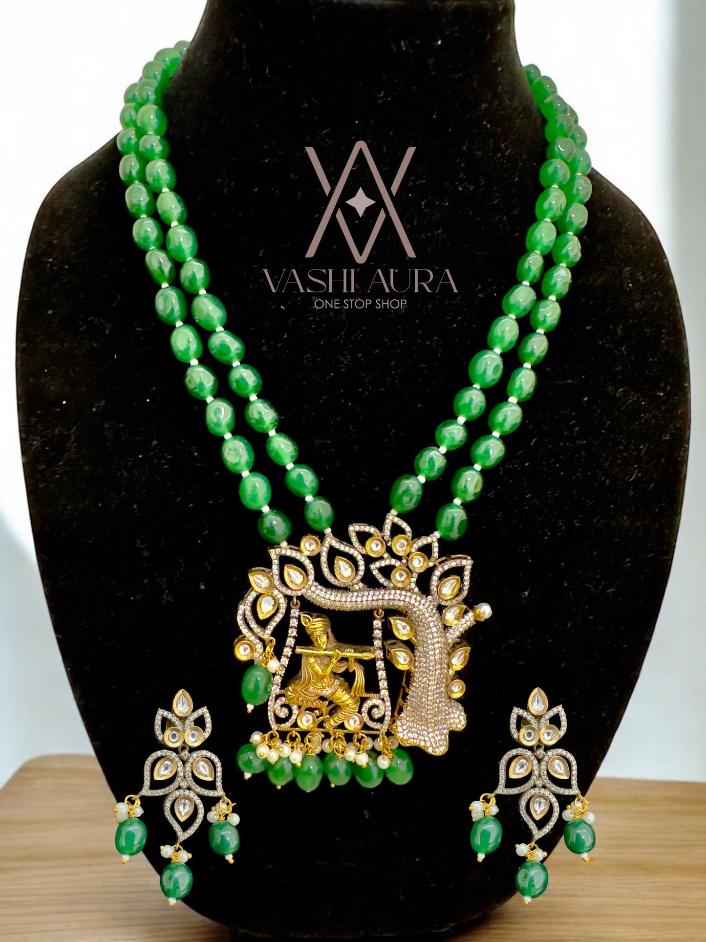 Lord Krishna Pendant with Green GemStones Uncut Diamond and CZ