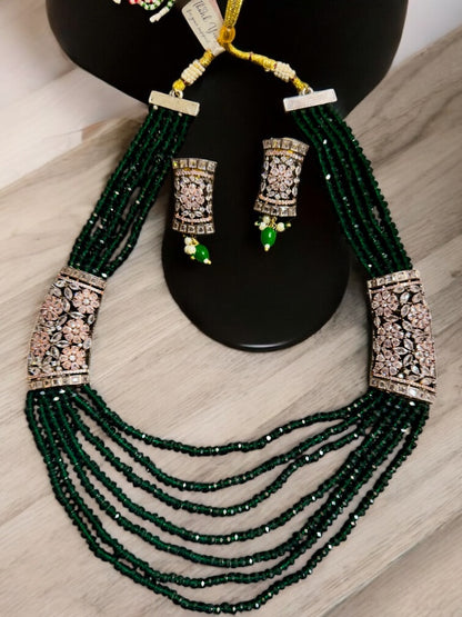 Onyx Green Beads Long Chain with Side Brouches