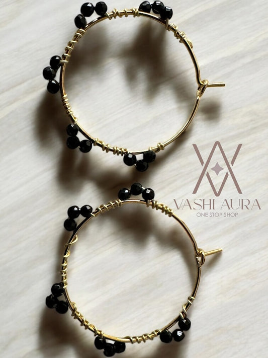 18k Gold Plated Hoop Earrings with black diamond beads