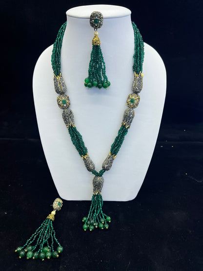 Long Chain with green Seed Beads CZ Balls on the sides and bottom