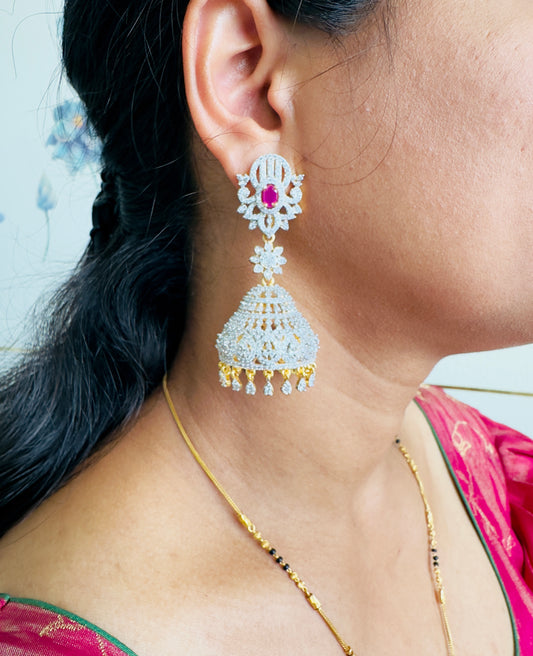 CZ Jhumkas with Pink Stone Stud