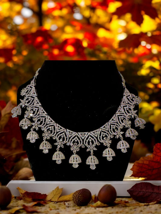 Heartfully designed CZ Neckset with Jhumka Hangings with Green White CZ Flowers
