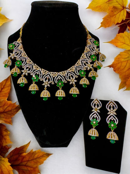 Heartfully designed CZ Neckset with Jhumka Hangings with Green Color Flowers