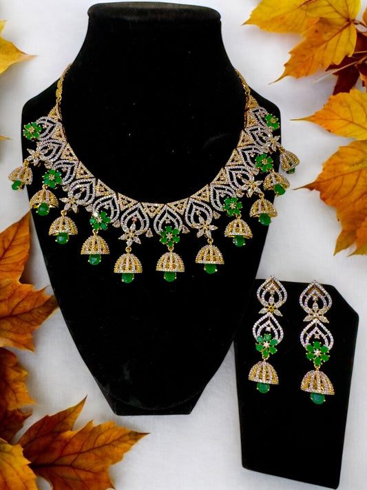 Heartfully designed CZ Neckset with Jhumka Hangings with Green Color Flowers