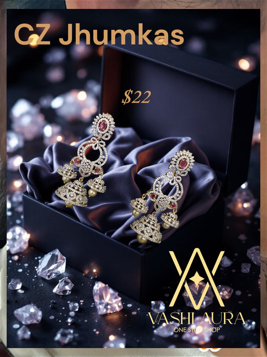 CZ Long Jhumkas with Pink Stone Stud and Trihanging Jhumkas