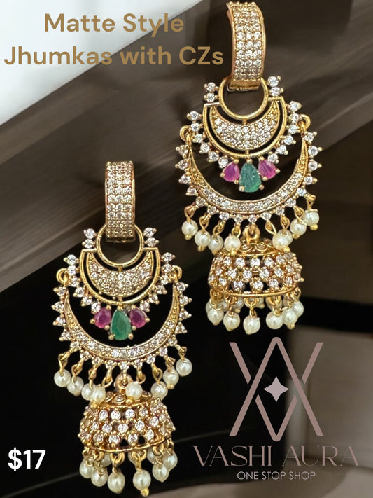 Matte and CZ Jhumkas with Hoop Top