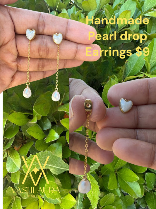 Handmade Pearl drop Earrings with Hear Shape Pearl Stud