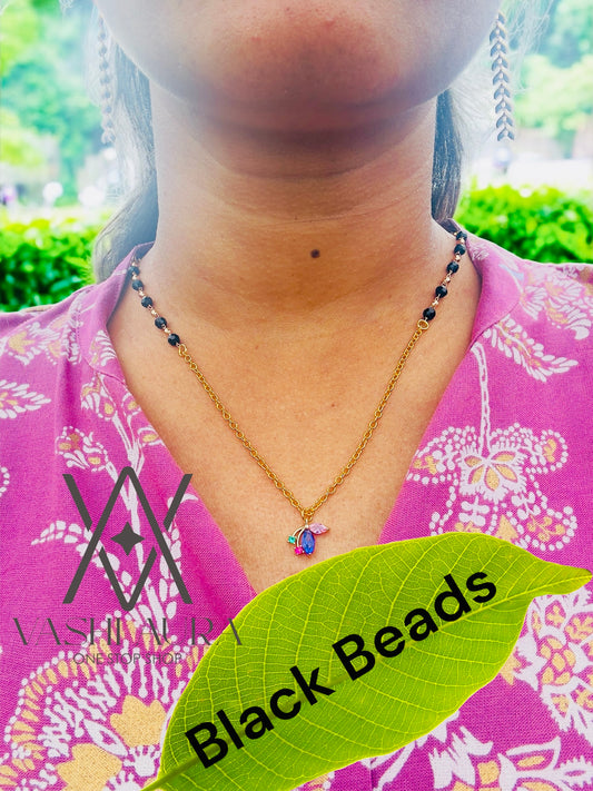 Black Bead chain with Multi-Colored Leaves Pendant